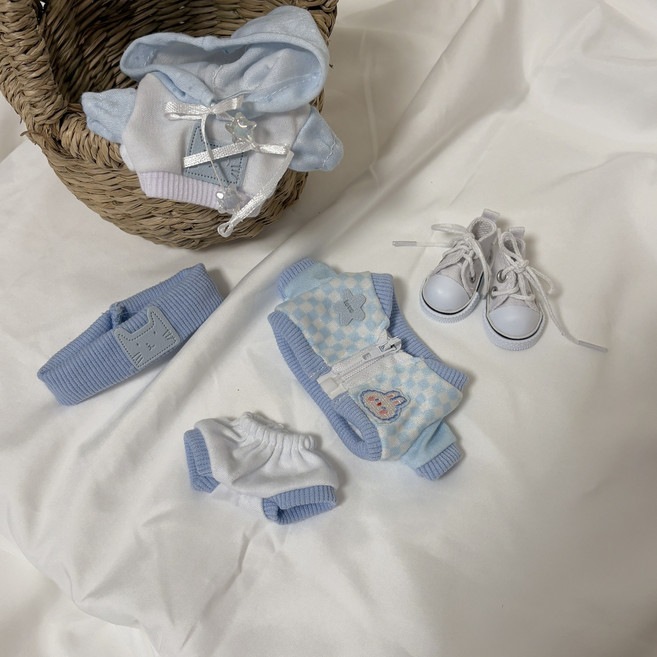 [mRluv] 인형옷 솜인형 옷 하늘색 후드티 5종 세트, 10cm, 하늘색 인형옷, 1세트