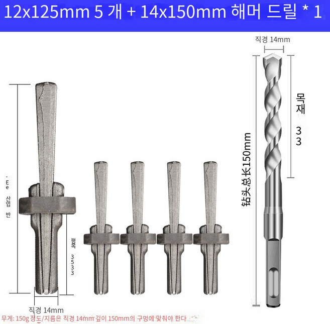 돌쪼개는도구 바위 돌깨는 쪼개기 쐐기 볼트 스톤 못 12X125mm5구+14X150mm 사각핸들드릴*1 1개, B × 1개