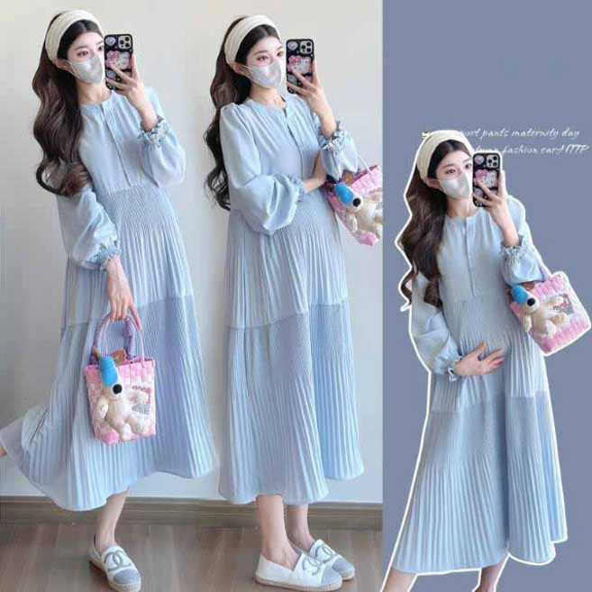 임산부 긴팔 원피스 봄 가을 주름 원피스 공주 소매 디자인 우아한 스타일 임부복 YLP