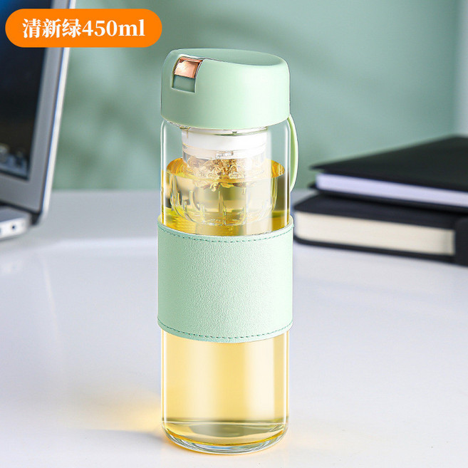 玻璃茶水分離隨身水杯 皮革防燙套 一鍵彈蓋 450ml, 綠色,450ml, 1個