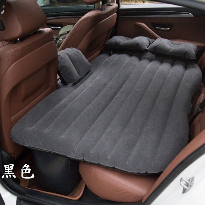 轎車充氣床墊含枕頭、T型腳墩、收納袋、點烟器打氣機 植絨分體車用後座後排旅行床, 黑色充氣床