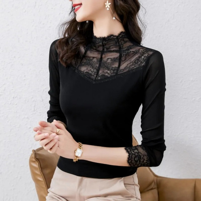 와이지엘 여성 라인 댄스복 세련되고 화려한 레이스 루즈핏 긴팔 티셔츠