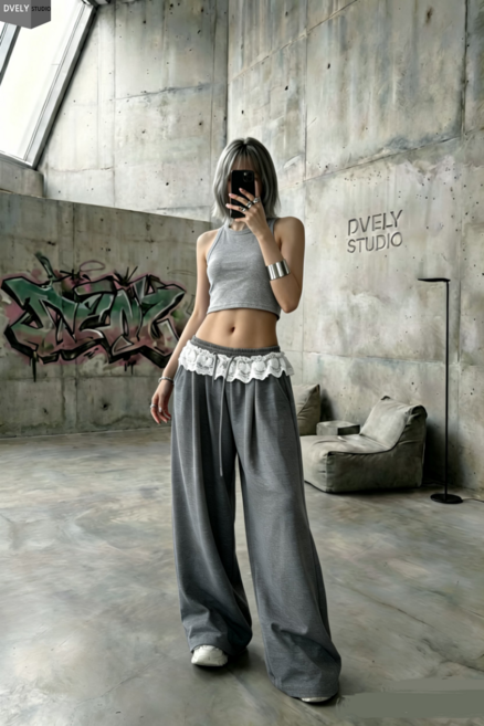 디블리 레이스프릴 와이드팬츠 허리밴딩 밑단스트링 와이드핏 방송댄스 댄스팀 단체복 힙한룩 힙합패션