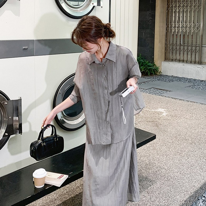 POMTOR 가을 빅사이즈 여성 캐주얼 셔츠 끈 원피스 투피스 세트