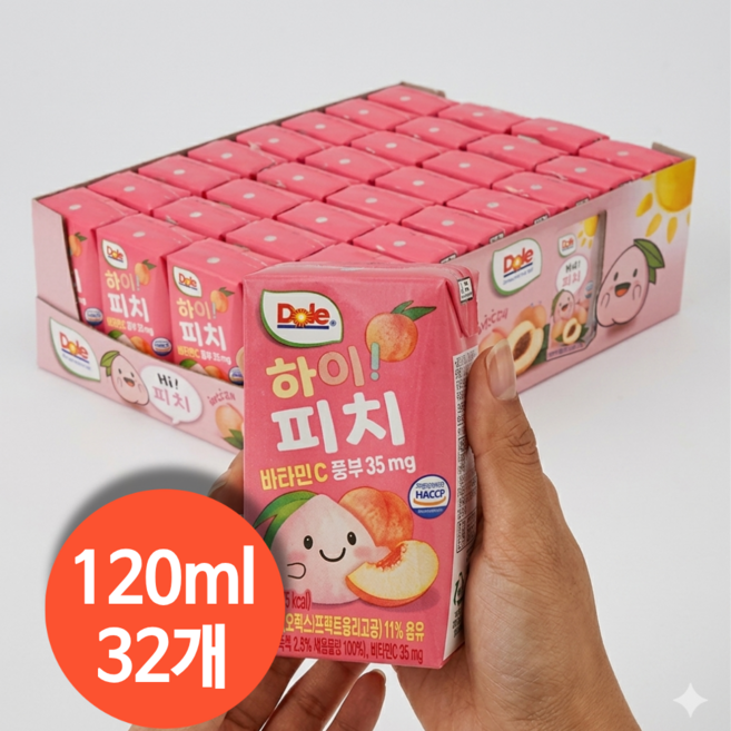 DOLE 돌 하이 피치 주스 상콤 상큼 달콤 시원 좋은재료 과일 쥬스 아이 음료, 32개, 120ml