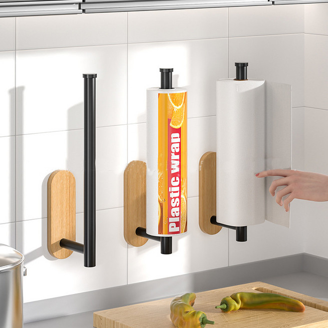 벽걸이형 스테인리스 타월걸이 무타공 화장지보관 랩수납 수건걸이 주방 욕실겸용, 블랙, 1개, 블랙