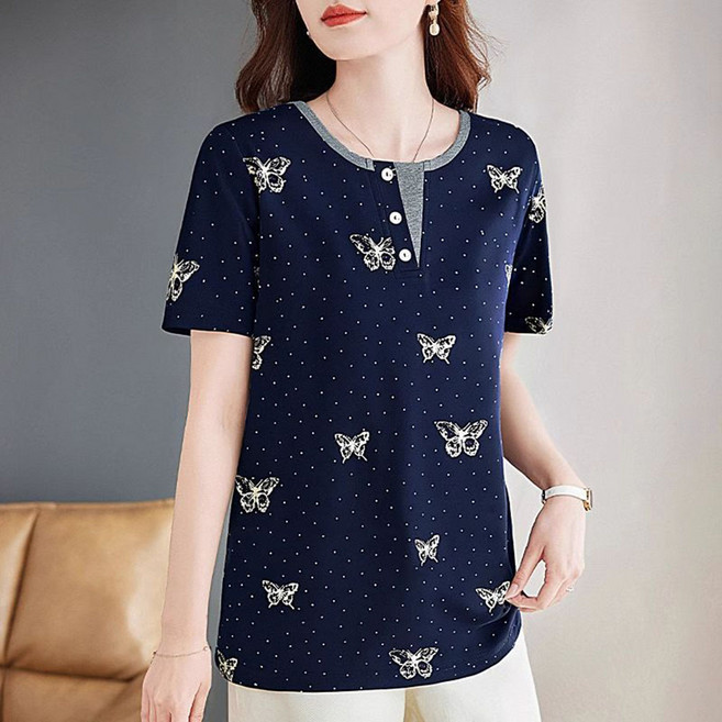 MOSAIRATION 중년 여성 나비 프린트 배색 라운드넥 도트 루즈핏 캐주얼 반팔 티셔츠 V01022708