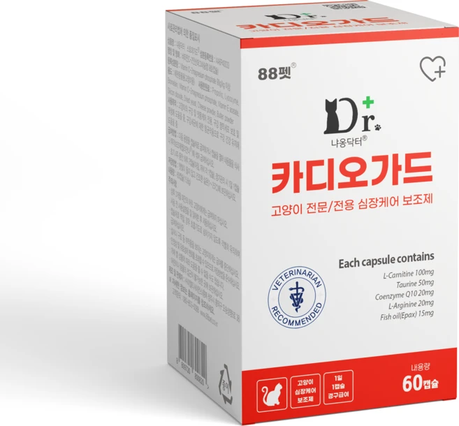 냐옹닥터 카디오가드 고양이 심장 영양제 강철심장 L카르니틴 코엔자임Q10 비대성 심근증 심장 건강 유지 보조제, 60정, 1개 - 쿠팡