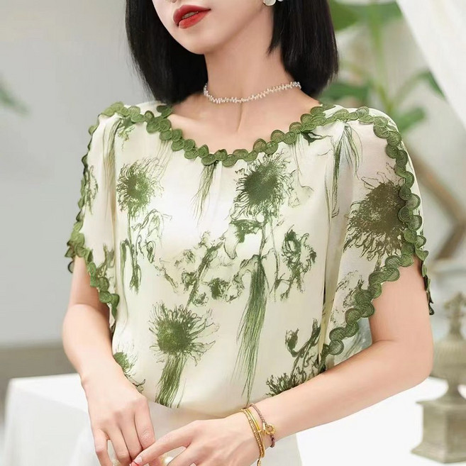 지고다그 여성용 여름 플라워 쉬폰 블라우스 프릴 디테일 루즈핏 날개소매 상의 YY31039