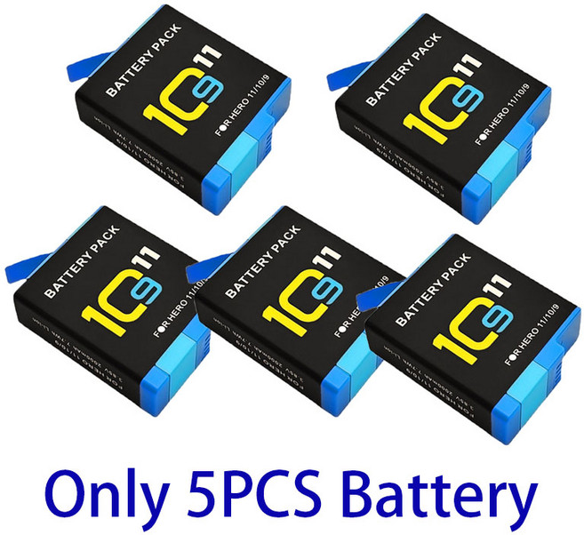 호환 GoPro Hero 11 10 9 용 2000mAh 배터리 충전식 리튬 이온 팩 모션 카메라 보관함, 02 5PCS Battery, 한개옵션1