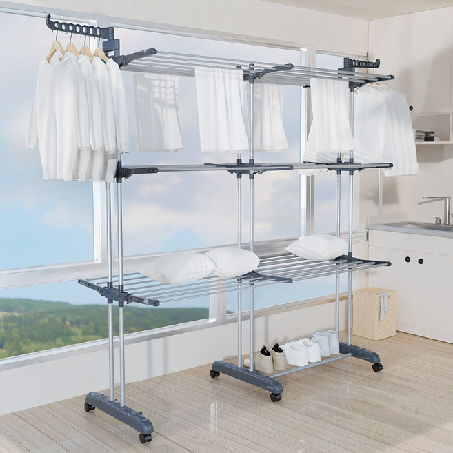 레퓰리 170cm 높이연장 특대형 3단 접이식 빨래건조대 연장가능 이동식 가정용, 연장가능 그레이