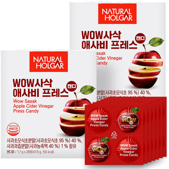 네츄럴올가 유기농 WoW사삭 애사비 캔디 고체 사과식초, 2개, 28정