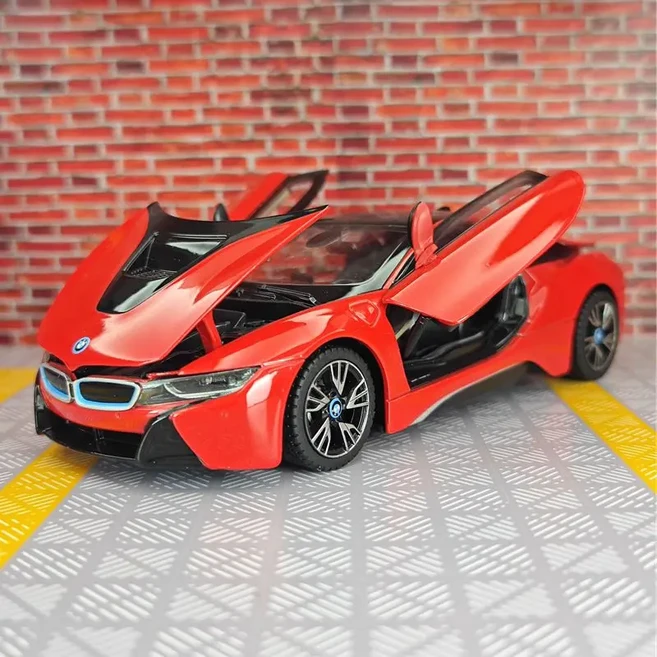 Rastar 1:24 BMW I8 합금 자동차 모델 정적 조향 개방형 장 장난감 생일 선물, 01 China Mainland, 02 빨간색