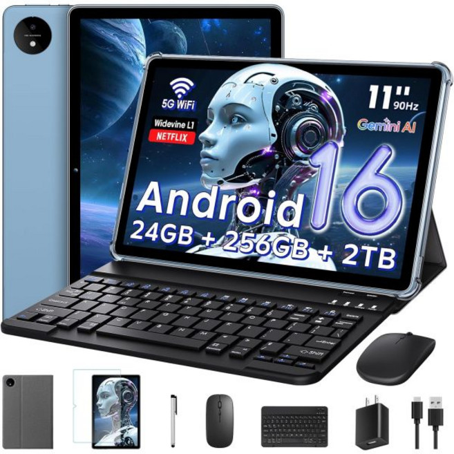 안드로이드 16 태블릿 11인치 제미니 AI T7250 옥타코어 24GB 램 + 256GB 저장공간 2TB TF 카드 16MP+8MP 1920x1200 IPS HD 디스플레이, Raemond 파란색