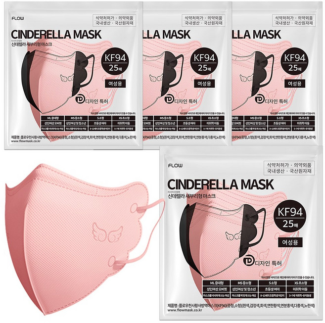 플로우 신데렐라 KF94 새부리형 마스크 지퍼백 초소형, 코랄, 4개, 25개입