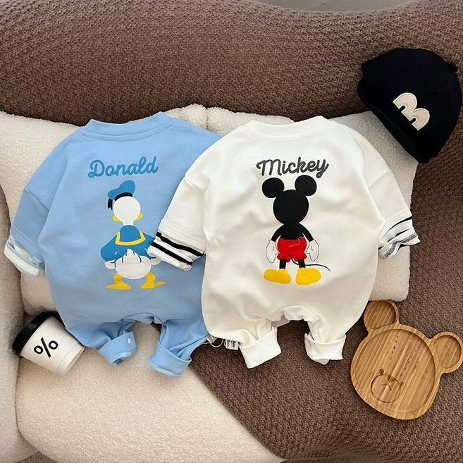 남아 여아 애기 미키 봄 가을 긴팔 맨투맨 티 베이비 바디슈트 롬퍼 우주복 외출복 등원룩 쌍둥이룩 백일 6개월 돌 아기옷