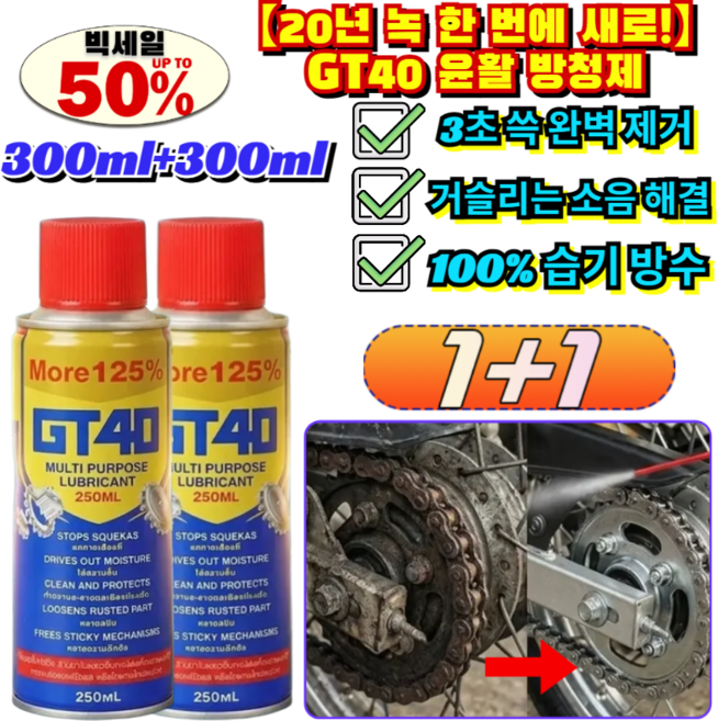 1+1[20년 녹 한 번에 새로!]GT40 윤활 방청제 3초 완벽 제거 초강력 녹제거제 스프레이 윤활유 녹방지 만능 철분제거제 녹제거/윤활유, [1+1](2개), 300ml