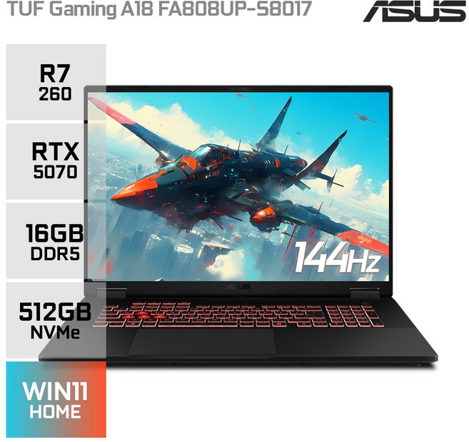 에이수스 TUF 게이밍 A18 FA808UP-S8017 AMD 라이젠7 260 지포스 RTX5070 고사양 게이밍 노트북, WIN11 Home, 16GB, 512GB, 블랙