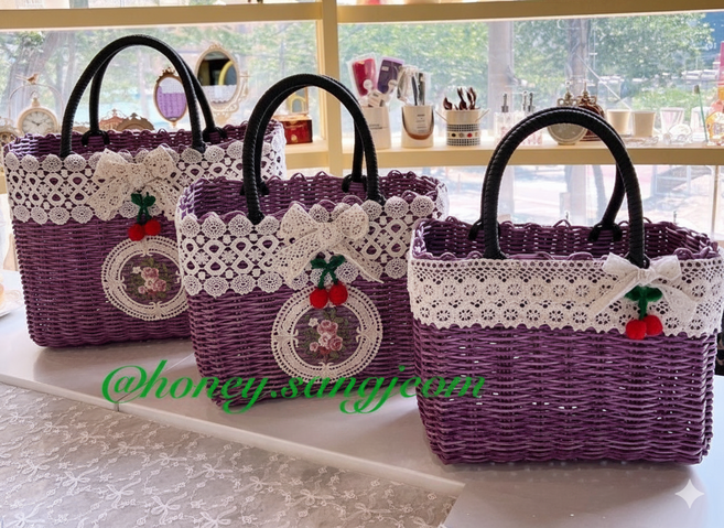 허니상점 레이스 장식 컬러 핸들 라탄가방 피크닉가방 빨대바구니 라탄 자체제작 /3size