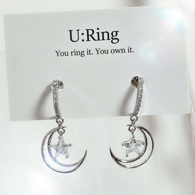 [은침] StarMoon Drop 스타문 드롭 이어링 925 실버침 실버 큐빅 별 달 반짝 여성 귀걸이