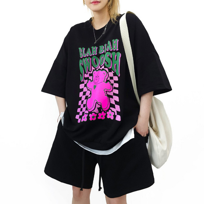 [제니블리] 스우시베어 레이어드 셋업 5XL // 55~99까지 여름 반팔 반바지 면 빅사이즈 오버사이즈 츄리닝 세트