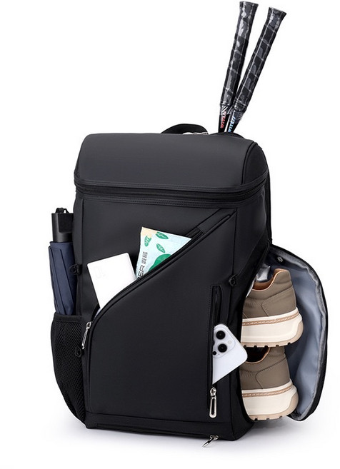 남녀공용 다기능 가방 배드민턴 테니스 스포츠 백팩 독립 신발칸 수납 대용량, 블랙, 1개