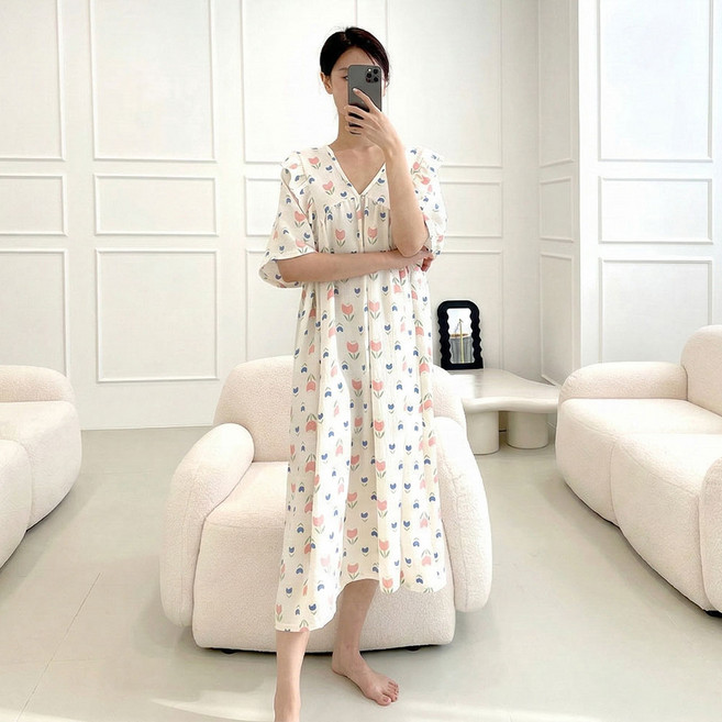 여름잠옷 원피스잠옷 지지미 냉감원단 파자마 홈웨어