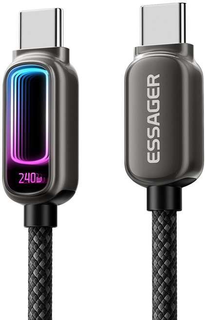 ESSAGER 디스플레이 C-C타입 240W 5A E-Marker 칩 고속 충전 케이블, 블랙, 1m