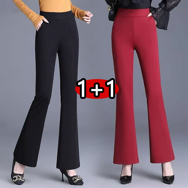 1+1 봄 여름 여성 9부바지 심플 하이웨스트 얇은 정장바지 밴딩 부츠컷 와이드팬츠 정장바지 나팔바지 오피스룩
