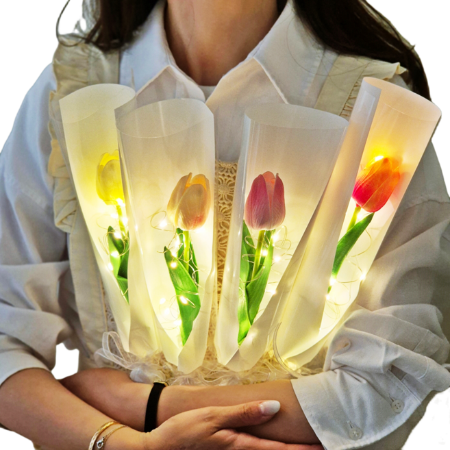LED 튤립 한송이 꽃다발 조화 어린이집 유치원 선생님 선물 졸업식 발표회 학예회 스승 꽃선물, 레터링 글자 추가안함, LED 조명 추가함, 투톤보라, 1개