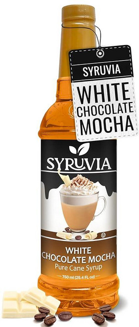 Syruvia 커피용 땅콩 버터 컵 시럽 스위트 커피 맛 751.2ml(25온스) 코셔 글루텐 프리 라떼 스무디 쉐이크 음료 디저트 등에 적합, 25.4액량 온스(1팩), 화이트 초콜릿 모카, 1개, 750ml
