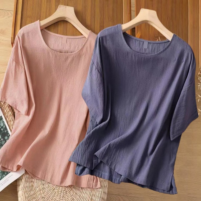 면 마 린넨 라운드 반팔티 블라우스 심플 날씬해 여성셔츠 빅사이즈 남방