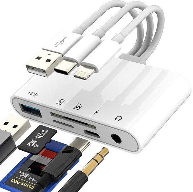 USB C 라이트닝 USB 어댑터 (5in3) SD TF 카드 리더기 OTG 3.0 3.5mm 헤드폰 타입 C 충전 케이블 아이폰 16 15 14 13 카메라 사진 전송 플래시, USB C 라이트닝 USB 어댑터 (5in3) SD T