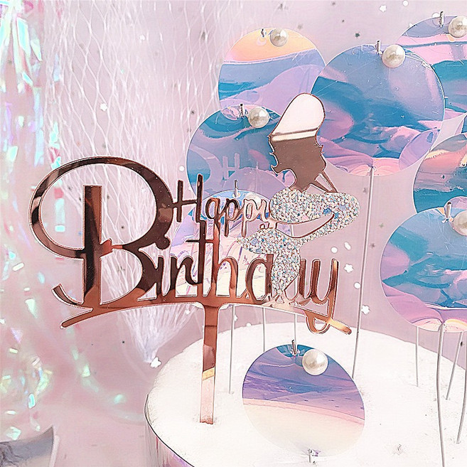 Mermaid 生日快樂 蛋糕裝飾, HB+美人魚蛋糕插牌-玫瑰金+閃白魚尾, 1個
