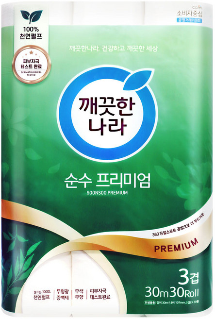 깨끗한나라 순수 프리미엄 화장지 천연펄프 고급롤화장지, 1개, 30롤, 30m