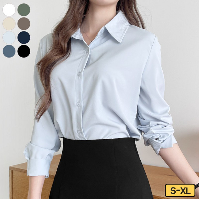 가비진 여성용 찰랑 베이직 카라넥 긴팔 셔츠 실크 무지 블라우스 남방 데일리셔츠 하객룩 빅사이즈까지 8color