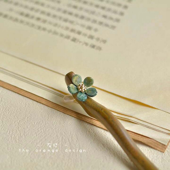 有桔 原創設計 發簪 淡水珍珠 小花 綠檀木髮簪