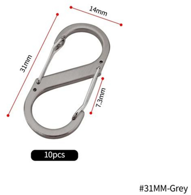 10pcs S 유형 스테인레스 스틸 Carabiner 잠금 미니 키 체인 후크 도난 방지 야외 캠핑 배낭 버클 키 잠금 도구, 31MM-Grey
