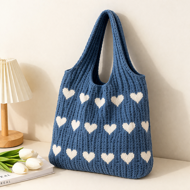 서서몰 여성 니트 숄더백 하트 패턴 데일리 가벼운 에코백