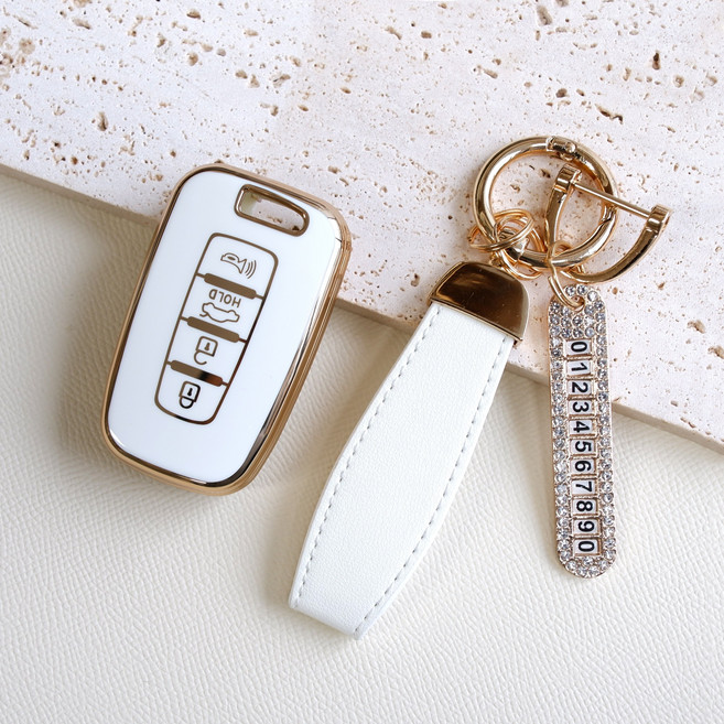 트니르 기아 현대 호환 자동차 키케이스 YF쏘나타 제네시스 쿠페 그랜저TG 아반떼MD 싼타페 베라크루즈 에쿠스 투싼IX I30GD 차 스마트키 tpu 골드라인 번호판키링, 일반오링, 화이트