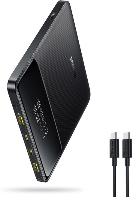 베이스어스 노트북 휴대용 충전기 100W 20000mAh 블레이드 여행용 파워뱅크 고속 충전 2 USB-C & 2 USB-A 포트 스팀 덱 배터리, 검정색, 20000mAh (2만mAh)