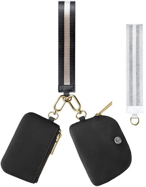 Babysun 미니 지퍼 어라운드 듀얼 파우치 리스틀릿 스트랩 2개 팔찌 키체인 지갑 여성용 동전 작고 귀여운 십대 소녀용 네이비 블루 & 그레이 업그레이드 패션 12182, 블랙-골드