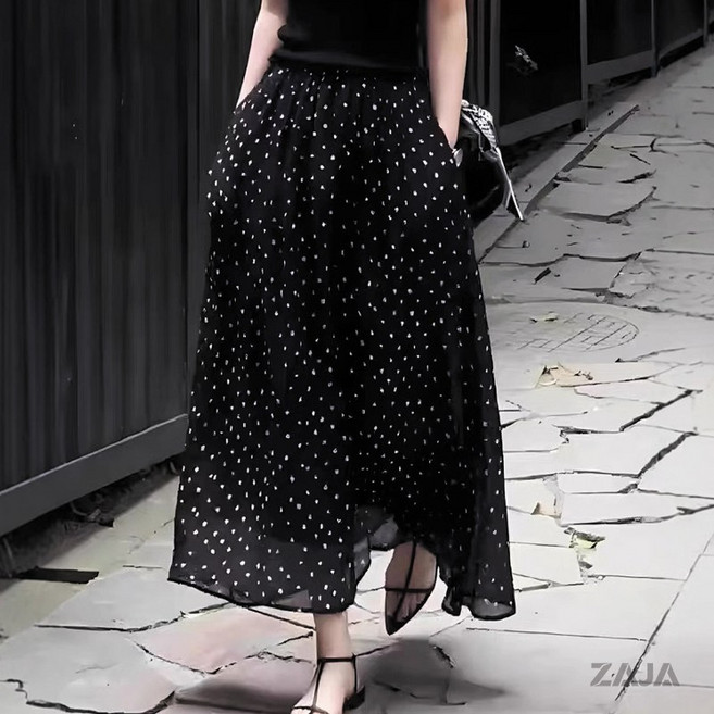 ZAJA 여성 여름 도트 롱 스커트 시원한 쉬폰 스커트