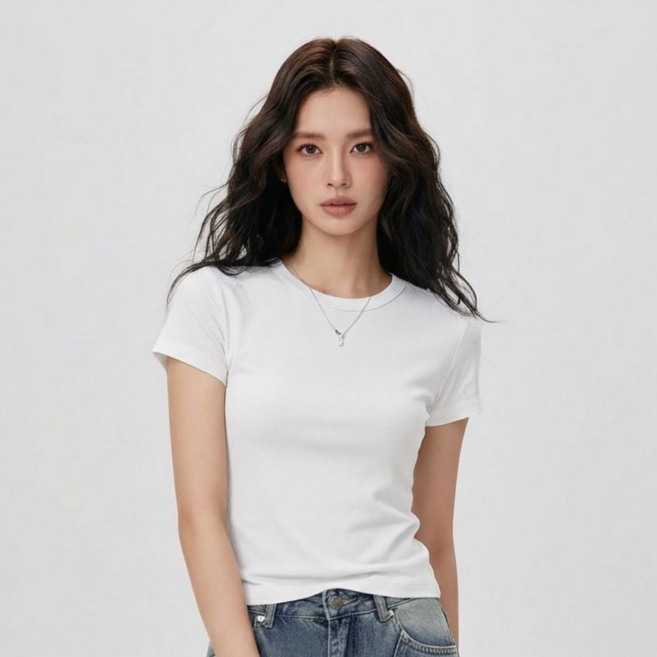 리바시안 여성 핏이 예쁜 무지 라운드넥 면 스판 기본 반팔 티셔츠