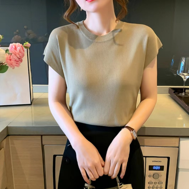 심플 데일리 레이어드 반팔 베이직 무지 라운드넥 아이스쿨 캡소매 니트티