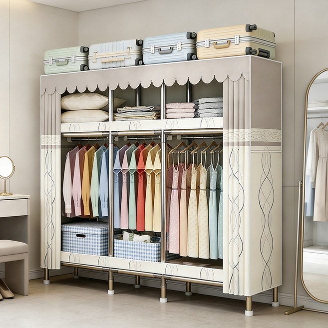 [시스슈] 강화 철제 조립식 3단 이동식 행거 시스템 - 금속 연결구 대용량 하단 수납 먼지방지 커튼 옷장, 베이지색