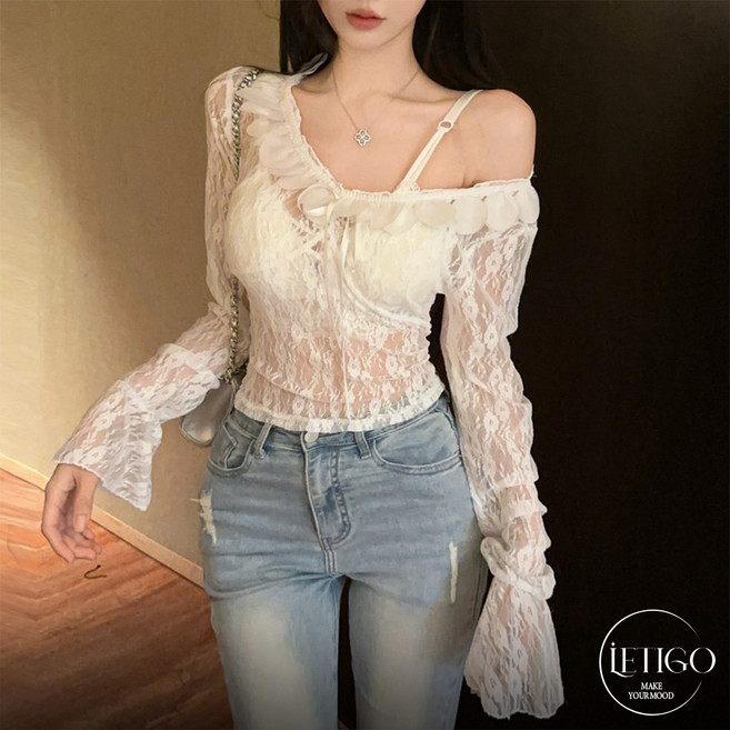 레티고 페스티벌 글램핏 오프숄더 시스루 레이스 크롭 블라우스