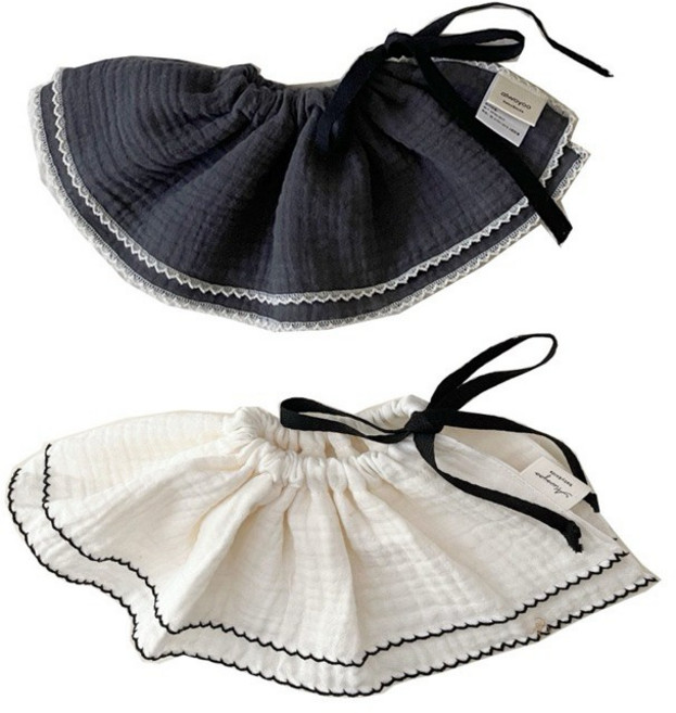 寶寶圍兜 嬰兒口水巾 四層紗 繫繩 360度 I96001, 1個, 水泥灰+白黑花邊