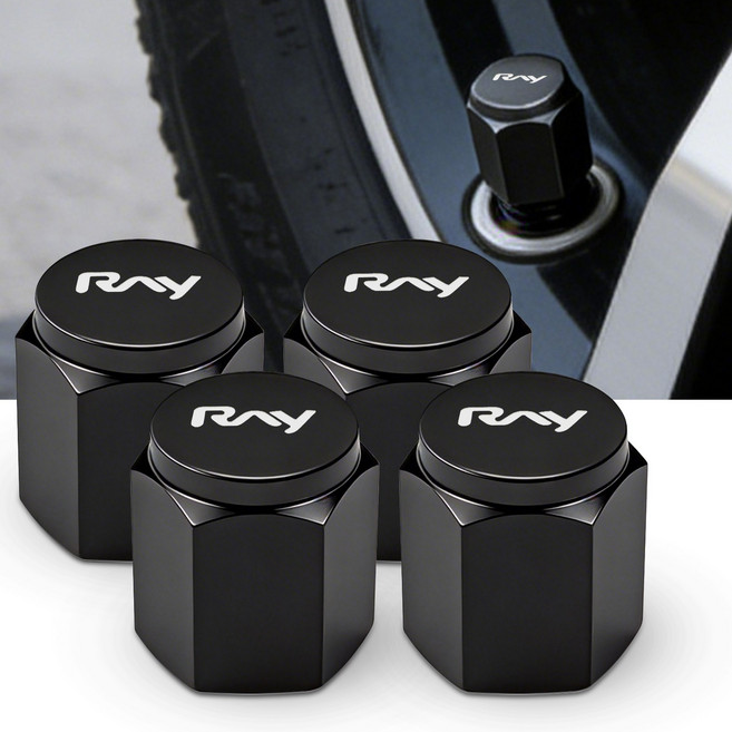 Kazama 자동차 타이어 밸브캡 4개입 기아 호환 K8 레이 각인 다용도 공기 누출 방지 두랄루민 6각 마개캡 F240-K, Ray-black, 1세트