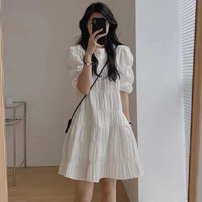 여성 미니 원피스 퍼프소매 주름 A라인 여름 반팔 원피스 데일리룩